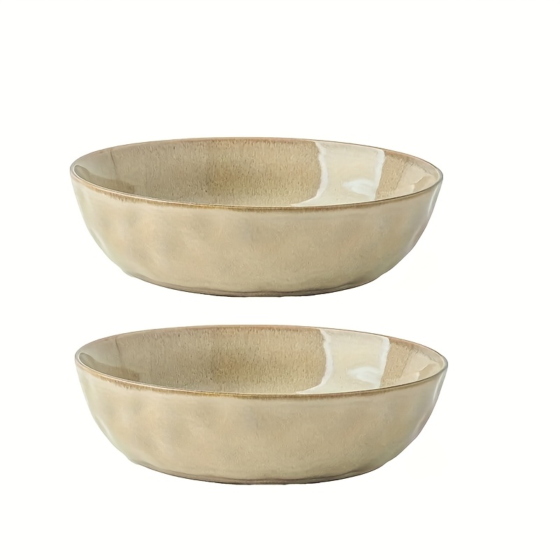 2pcs Handmade Ceramic Bowls, Serving Plates, Salad Plates, Vintage Ripple 8-inch Deep Dishes, Large Ceramic Soup Bowls, High Cost-performance Fruit Plate Vegetable Plate