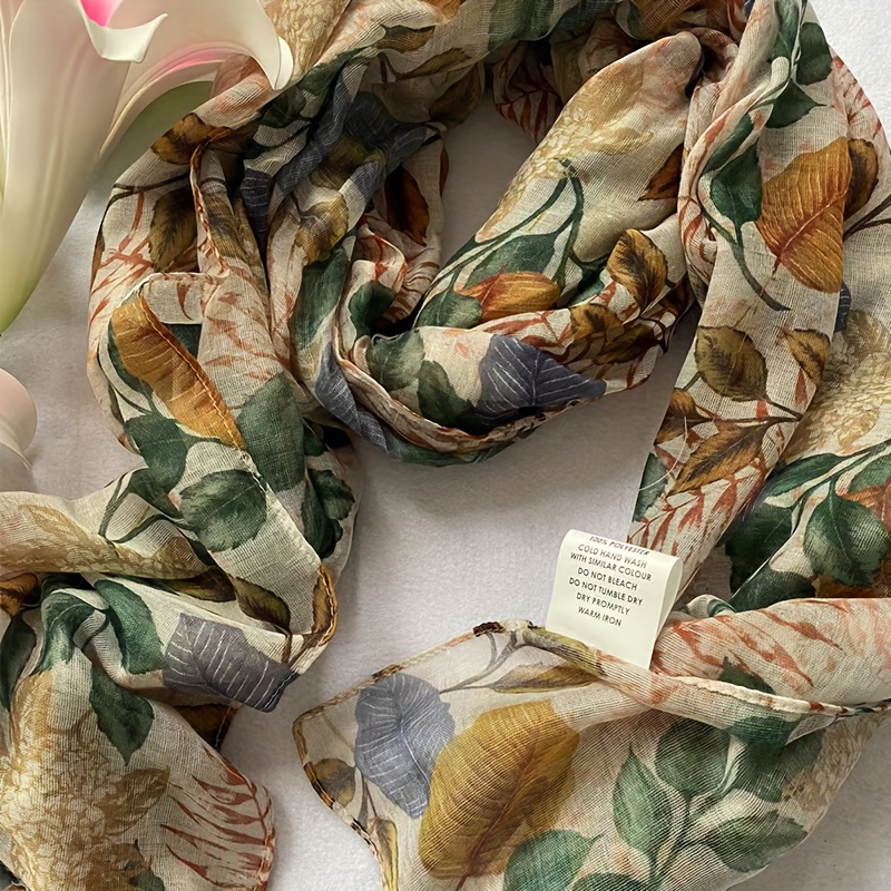 

Elegant Brown & Green Leaf Print Scarf - Breathable Polyester Bali Yarn, Lightweight Summer Shawl For Women