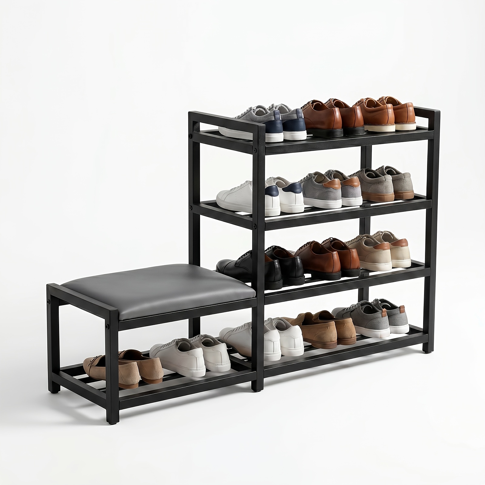 Shoe Storage Bench, 4-Tier Large Capacity Shoe Rack with Comfortable Seat, Industrial Shoe Organizer for Entryway, Black Metal Shoe Shelf Bench for Home Organization