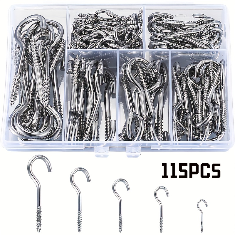 Image of 115/105pcs Of Screw Hooks, Ceiling Hooks, Cup Hooks, Small Metal Screw-in Hooks Designed For Hanging Items Such As Plants, Cups, Keys, And Kitchen Cabinet Shelves, In A Silver End