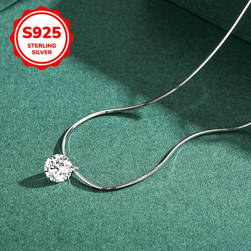 Women's S925 Sterling Silver Snake Chain Necklace with Cubic Zirconia Pendant