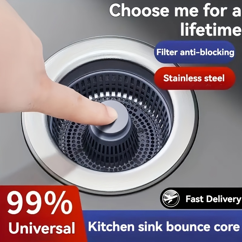 

1pc Universal Stainless Steel Kitchen Sink Strainer Basket, Anti-blocking Bounce Filter, Sealed Insect-proof Drain Stopper With Press Water Storage And Quick Drainage