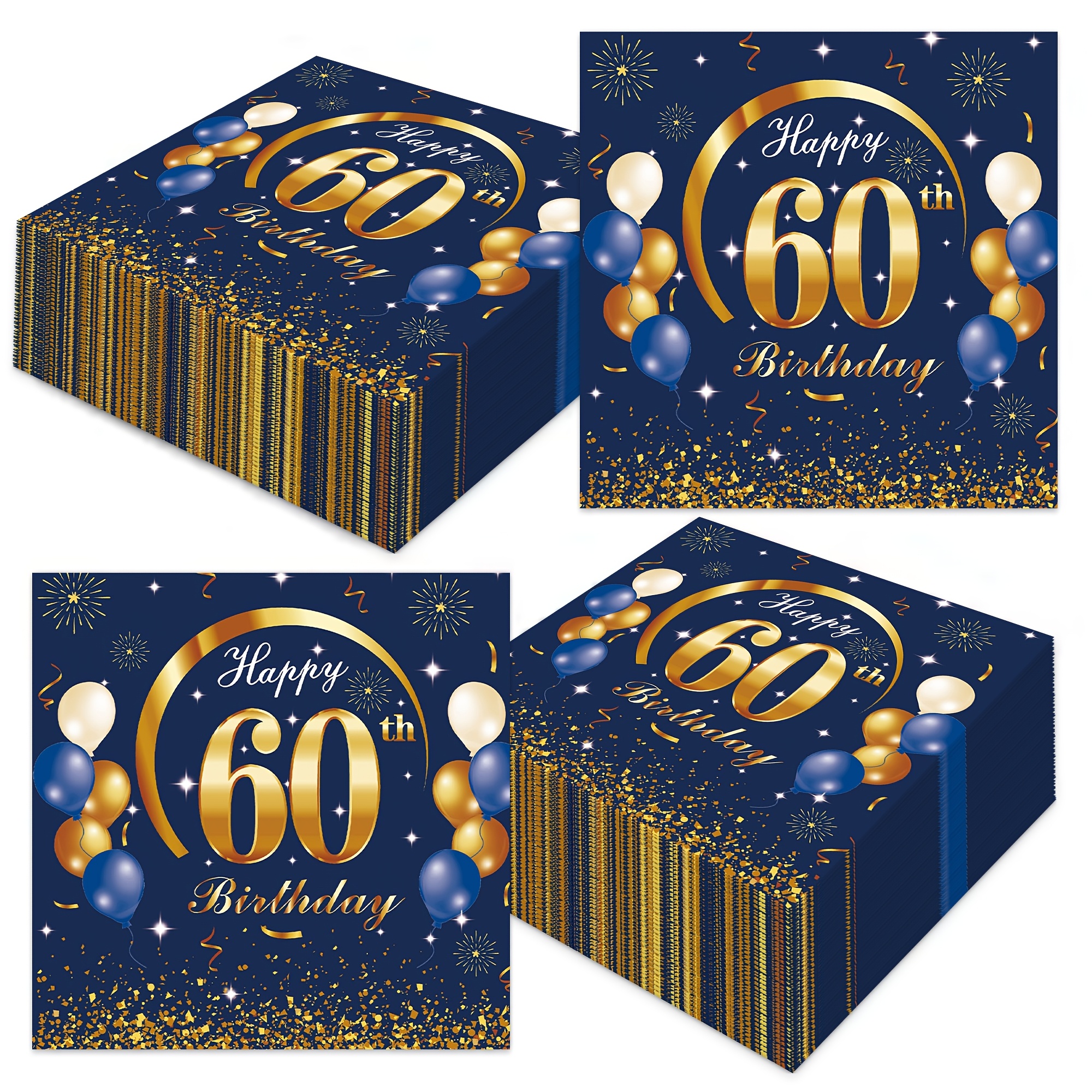 E-shop 20 Stück Herren 60. Geburtstag Party Servietten - Marineblau und Goldene Einweg Papier Servietten mit Ballons und einem bunten Konfetti