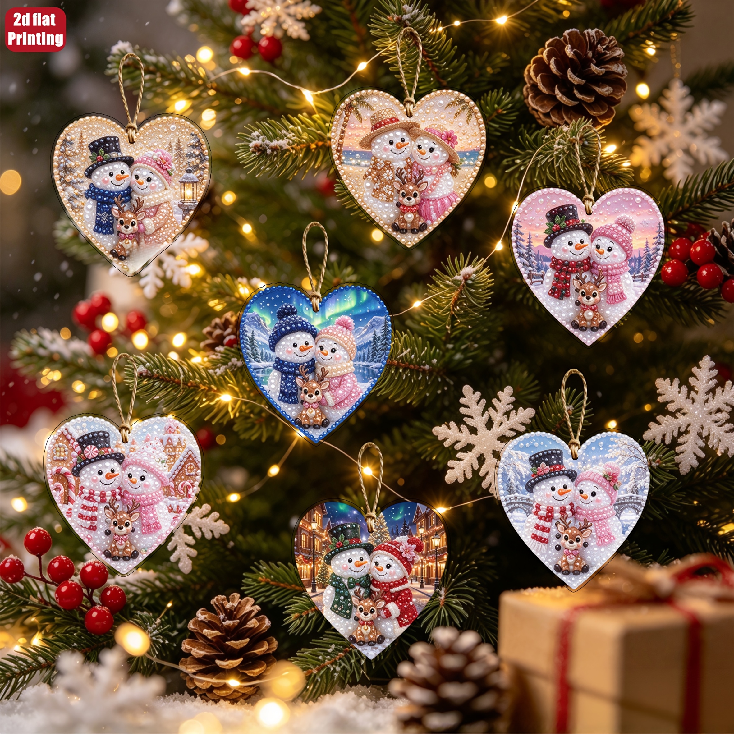 TEMU 9pcs Set 2d Flat Heart Christmas Snowman Diy Pearl Diamond Painting Wooden Tag Pendant, 3.07 Inch Hd Printed, Complete Handmade Diamond Painting