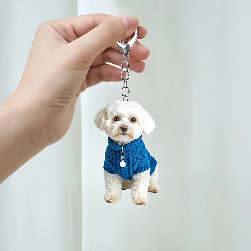 

White Puppy Keychain - 2d Acrylic Bichon Frise In Blue Sweater, Bags & Car Keys, Ideal Gift For Pet Lovers, Best For Christmas