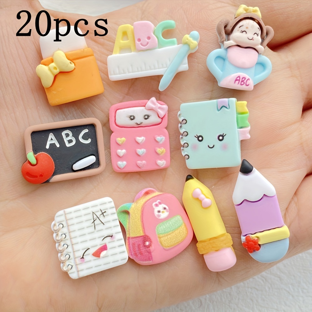 2d Flat - 10/20pcs Resin Kawaii Cartoon School Supplies Books, Drawing Board, Brush Series Flatback Cabochons - Learning Theme, Scrapbooking, Crafts, Holiday Embellishments Jewelry Making Accessory