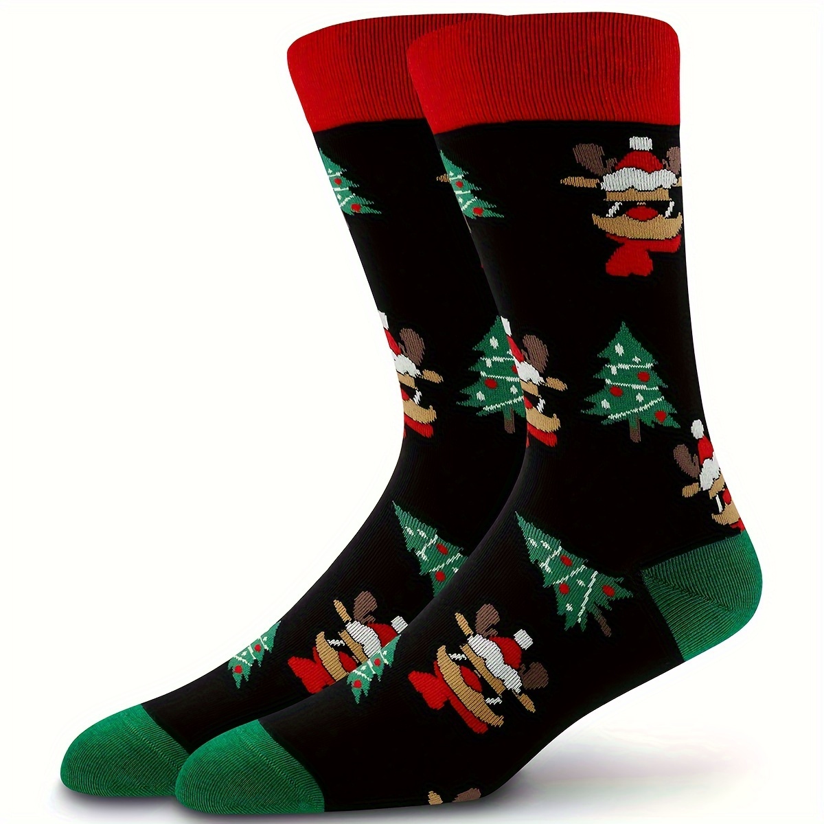 

1 Pair Unisex Christmas Themed Crew Socks, Festive Santa And Tree Pattern, Warm And Comfortable Polyester 95% Spandex 5% Knit Fabric, Hand Wash Only, Holiday Gift Idea