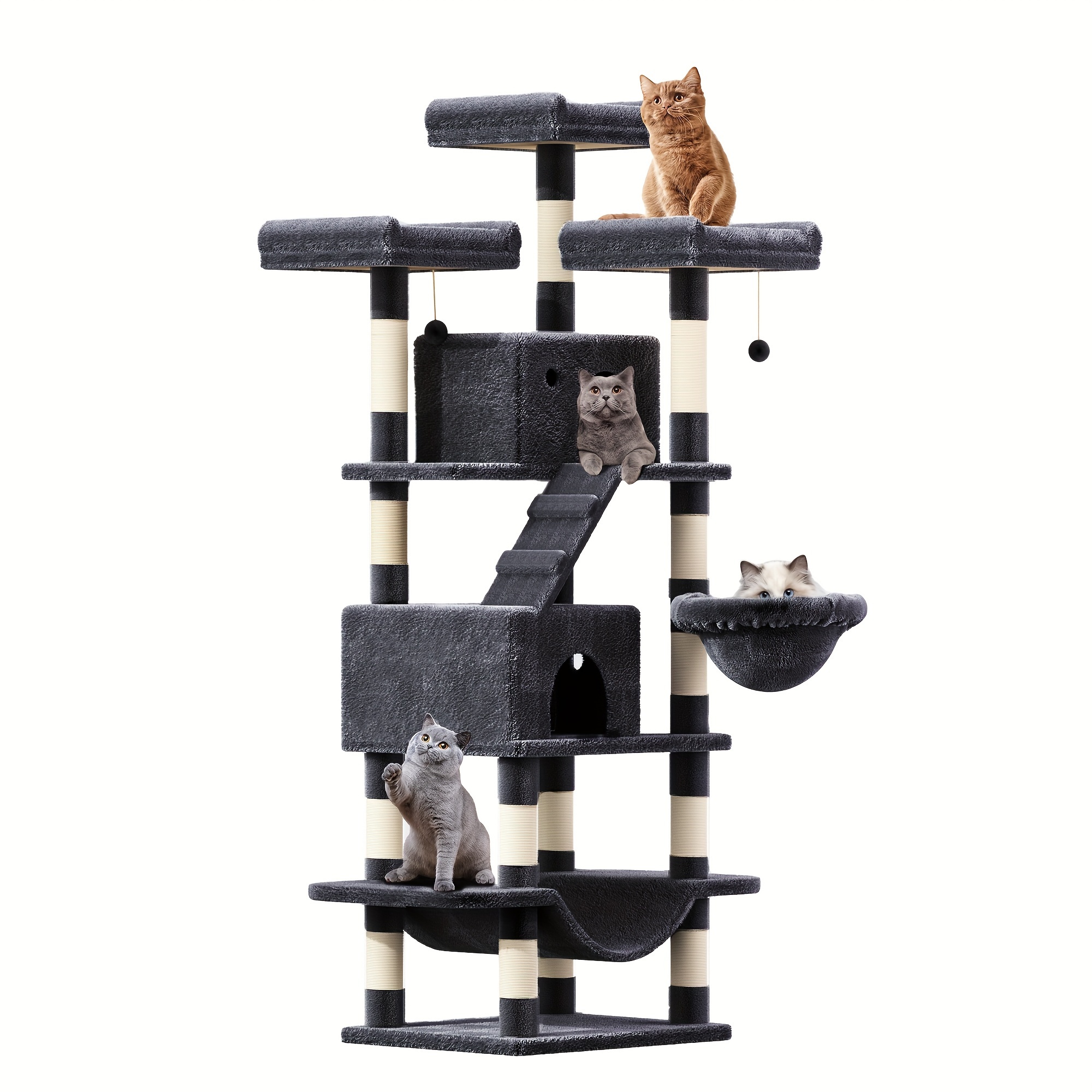 

75" Large Cat Tree, Big Cat Tower For Indoor Cats, Tall Cat Tree With 3 Cushioned Perches, Sisal Scratching Posts, Cozy Basket, 2 Cat Condos (dark Grey)