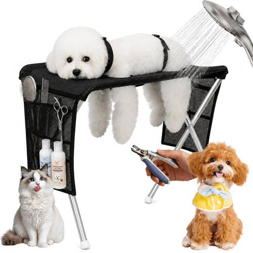item picture pet grooming hammock table suitable for small dogs and cats foldable stainless with storage bag for nail trimming and bathing weight capacity up to 30 black