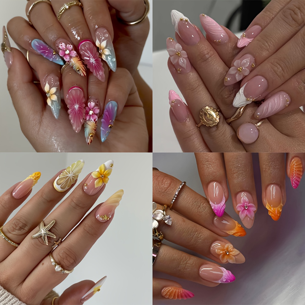 24 piece 3d press on nails with 3d floral teardrop lily and shell designs   nail art tools reusable and removable suitable for   parties and any occasion an   for womens nail art