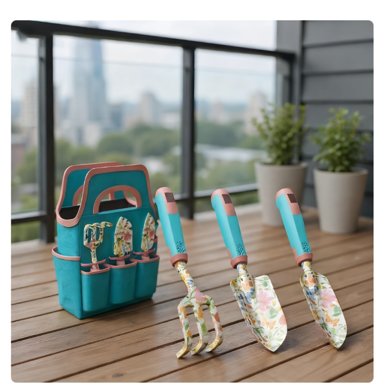 Image of Garden Tools In Lake Blue & Pink, 9pcs Print Hand Tool Gift Set With Pruning Shears, Large-handle Storage Bag, Heavy-duty Gardening Tools ( Set), Gardening Supplies, Father's Day