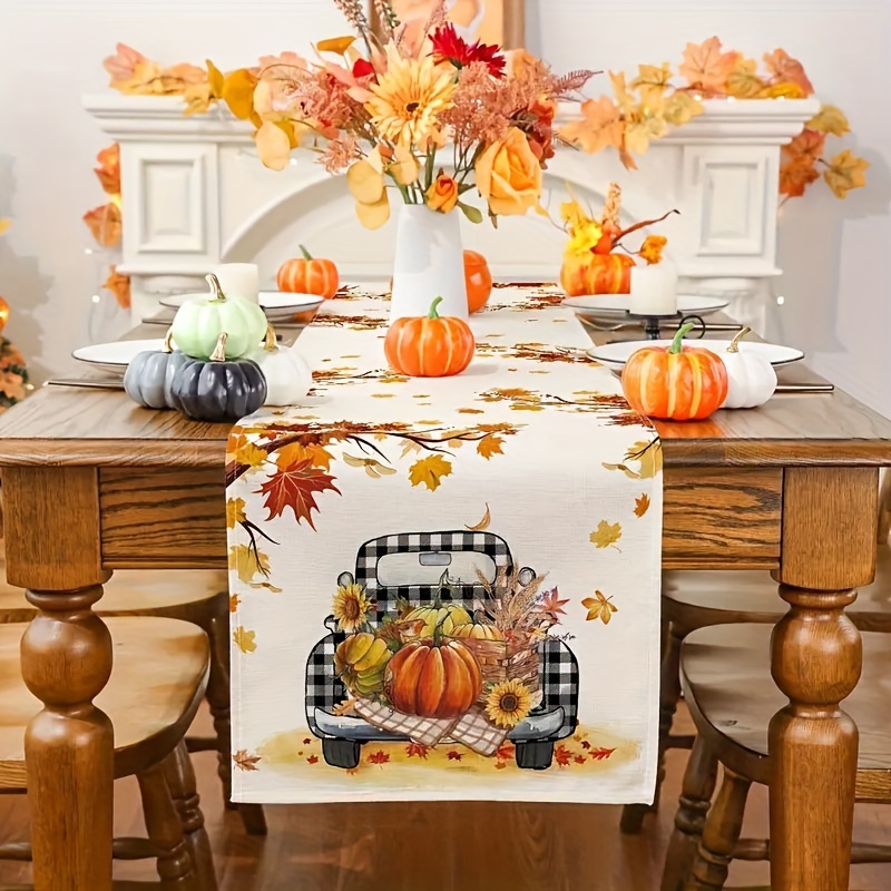 

Autumn Harvest Table Runner - Pumpkin, Maple Leaf & Branch Design For Thanksgiving Decor, Polyester Rectangular Dining Table Cover