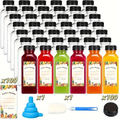 a of 100 empty plastic bottles accompanied by 100 secure black caps a rubber funnel and a sponge brush 12oz bottles are ideal for storing drinks like tea and other beverages measuring 2 1x6 3 inches from