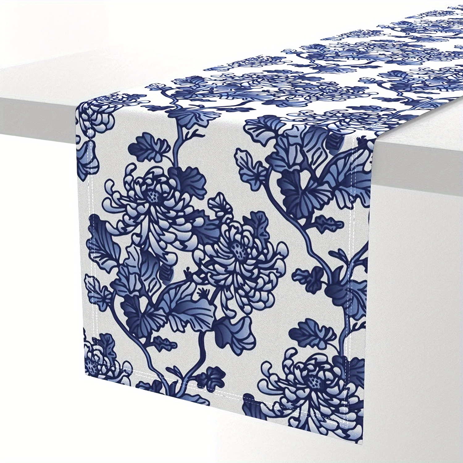 TEMU Blue Chrysanthemum Table Runner: Chinese Style, White Linen, Rectangular, Striped Pattern, Suitable For Home Decor