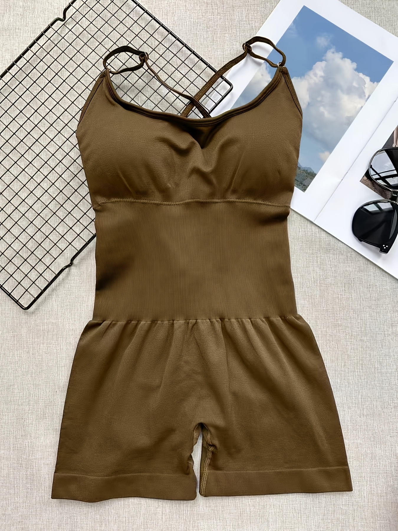 womens nude   cross shaped beautiful back   shoulder strap yoga jumpsuit tummy cushioned sports bra jumpsuit