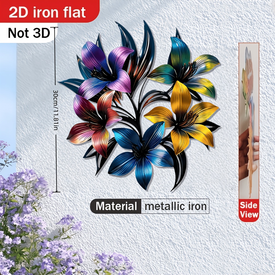 Image of 2d Flat - 1pc 2d Iron Flat Bohemian Metal Lily Wall Art Decoration - Terrace - Garden, Patio, Living Room And Bedroom Outdoor Fence Decoration - For Holiday Party Occasions, For