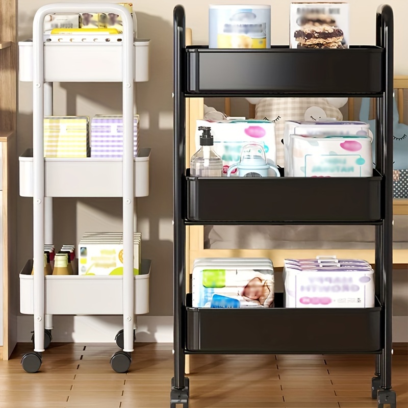 

3-tier Rolling Storage Cart, Carbon Steel & Iron Floor Mounted Organizer With Wheels, 360 , 80kg Capacity, Required, For Living Room