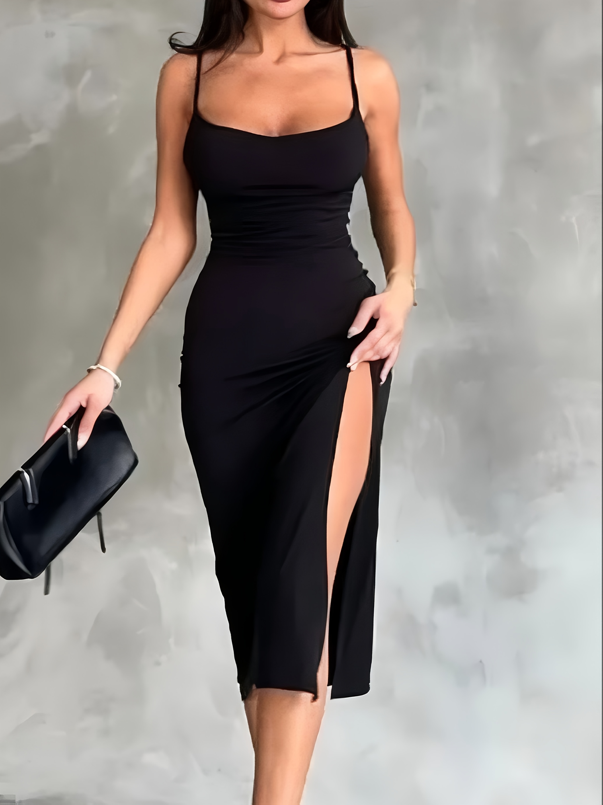 womens elegant black sleeveless a line dress thigh slit - Temu Germany