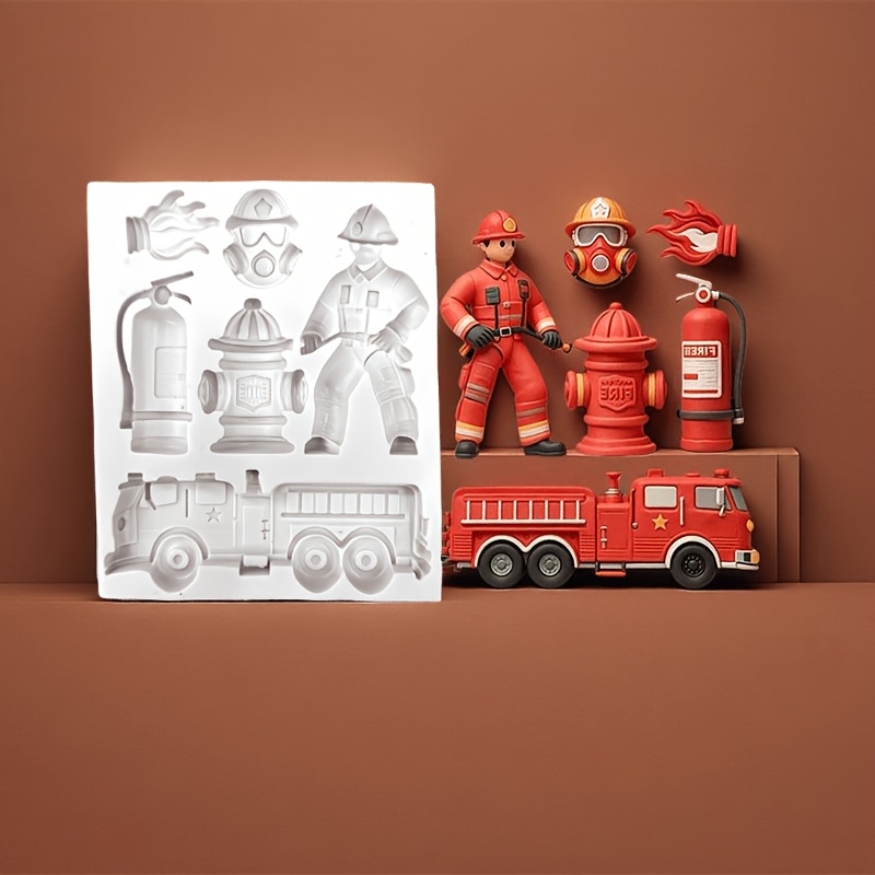TEMU 1pc 6- Fire-themed Resin Silicone Mold Suitable For Fire Extinguisher, Hydrant, Truck, Helmet & Gloves Making - For Diy Crafts, Fire Safety
