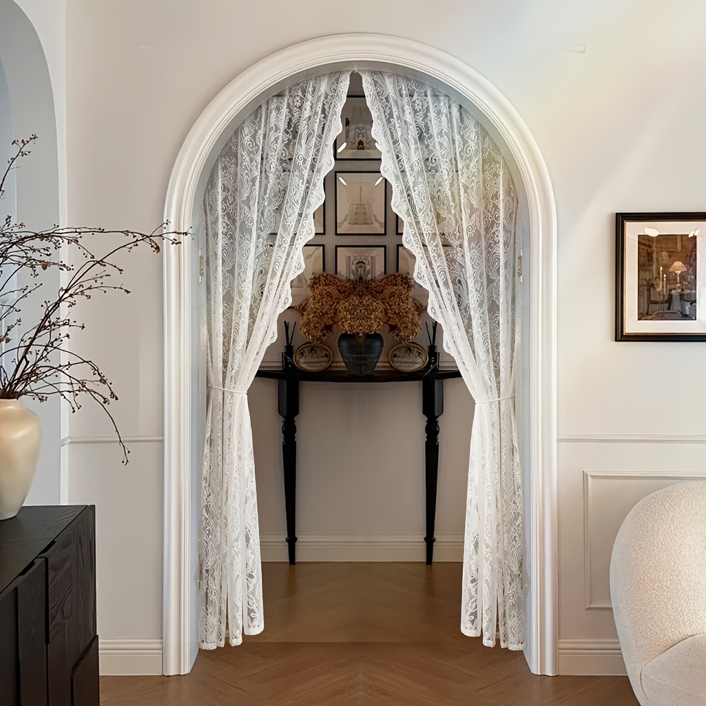 2D Door Curtain, 1pc Elegant White Lace Door Curtain with Beaded Design  Rod Pocket, Floral Pattern, Sheer Fabric for Living Room, Bedroom, or