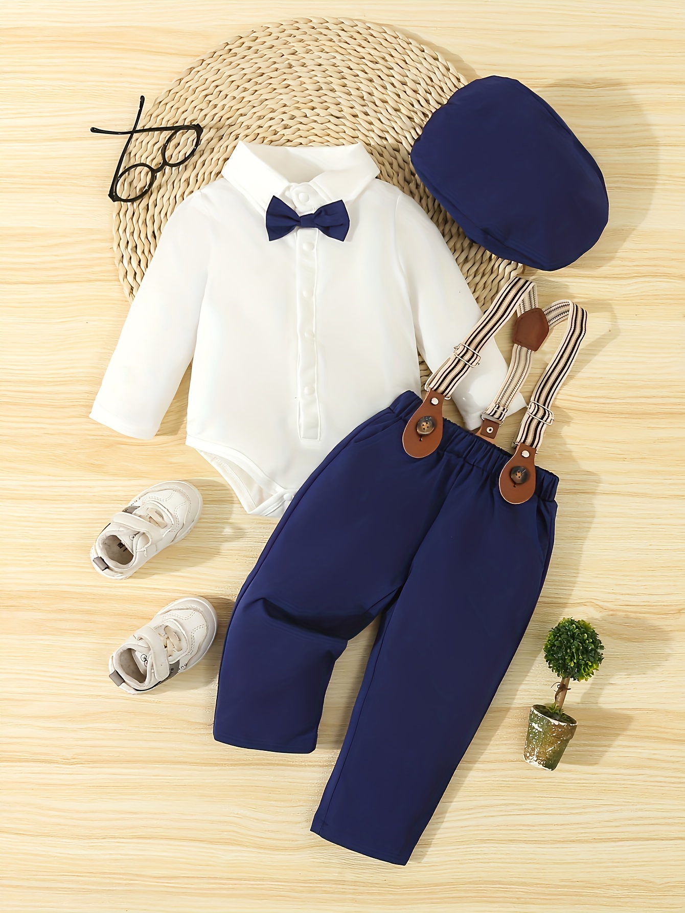 boys 4pcs gentleman outfit set long sleeve romper with bow tie suspenders hat for birthdays weddings special occasions machine washable Product details 27