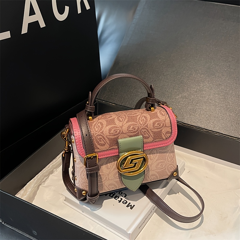 TEMU Sac carré petit vintage imprimé color-block, sac à main à fermeture rivet, bandoulière réglable, sac à bandoulière unique pour femmes
