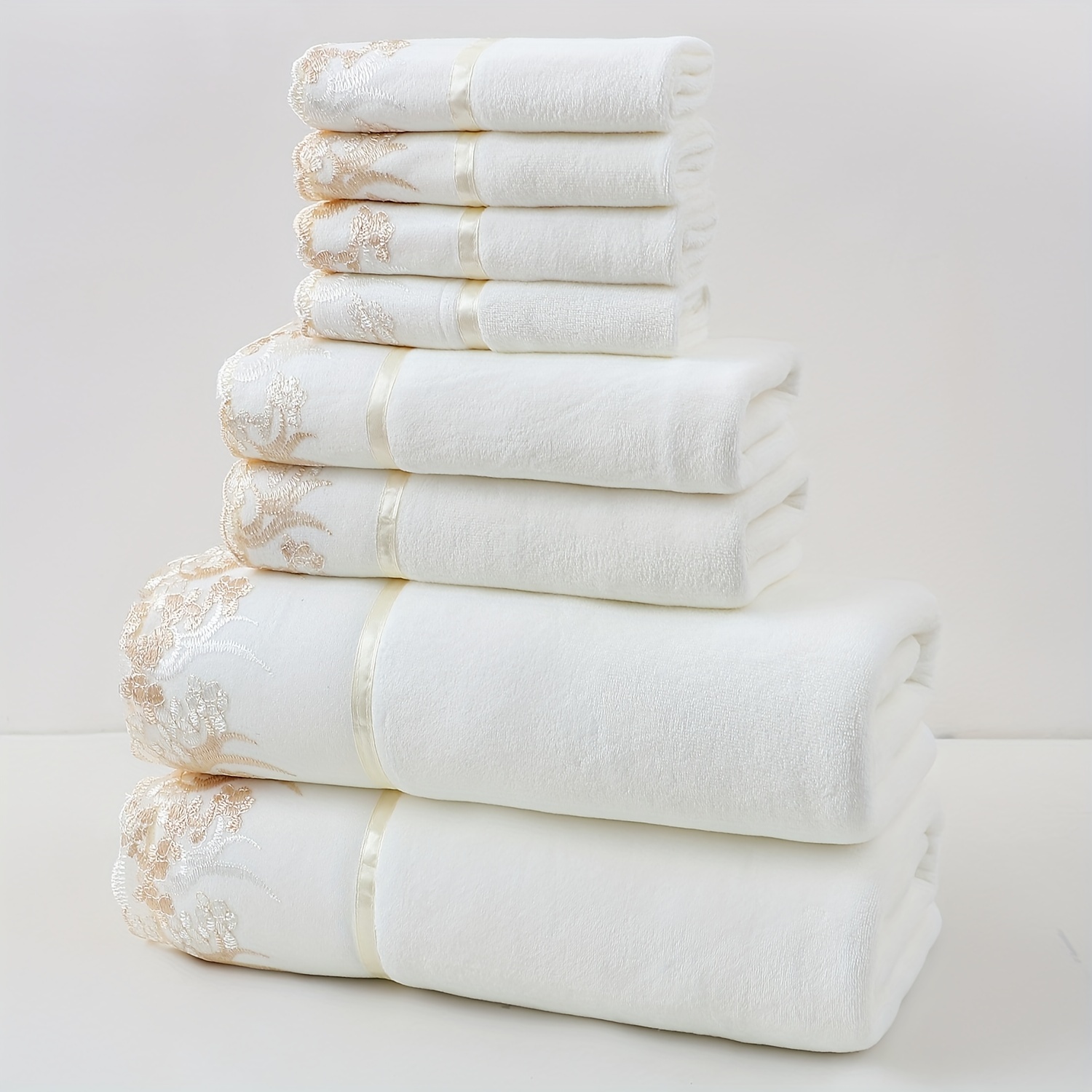 

8-piece Set, Lace Trim Towels, Bath Towels & Hand Towels, Polyester, Knitted Fabric, 350g/㎡, For Home, Kitchen, Outdoor, Bathroom Use