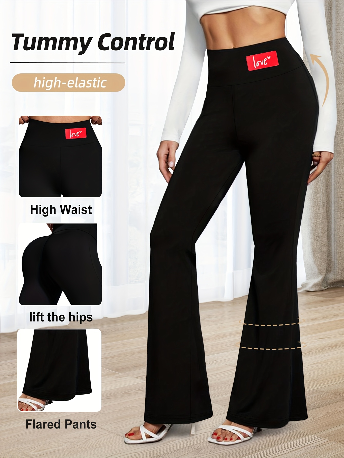 Women's High-Waisted Flared Leggings - Elastic Waistband, Mid-Rise 9/10 Length, Stretchy Comfort Fit for Spring/Autumn Casual Wear, Black, High Waisted Leggings