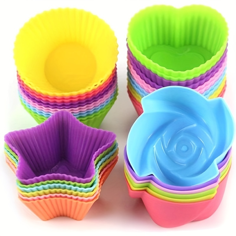 

24pcs, Silicone Cupcake Liners, Reusable Baking Cups, Nonstick Easy Clean Pastry Muffin Molds, 4 Shapes Round, Stars, Heart, Flowers, Color Random