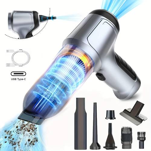Aspirador de Carro Portátil Sem Fios Potente com 7 Acessórios - Recarregável por USB, Leve e Portátil, Sucção 3-em-1, Soprador 3-em-1, Escova 3-em-1, Almofada 3-em-1, Carpete 3-em-1, Aspirador de Carro, Aspirador para Carro