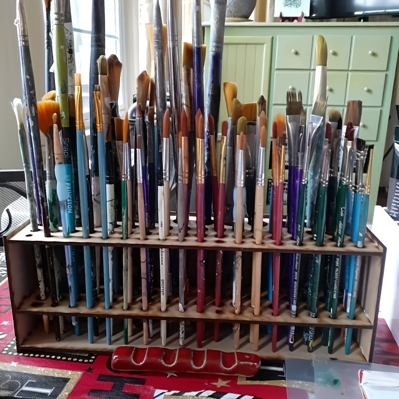 

Handcrafted Wooden Brush Holder - Desktop Pen Organizer, Holds 67 Paint Brushes, Lightweight & Durable Art Supply Storage Box