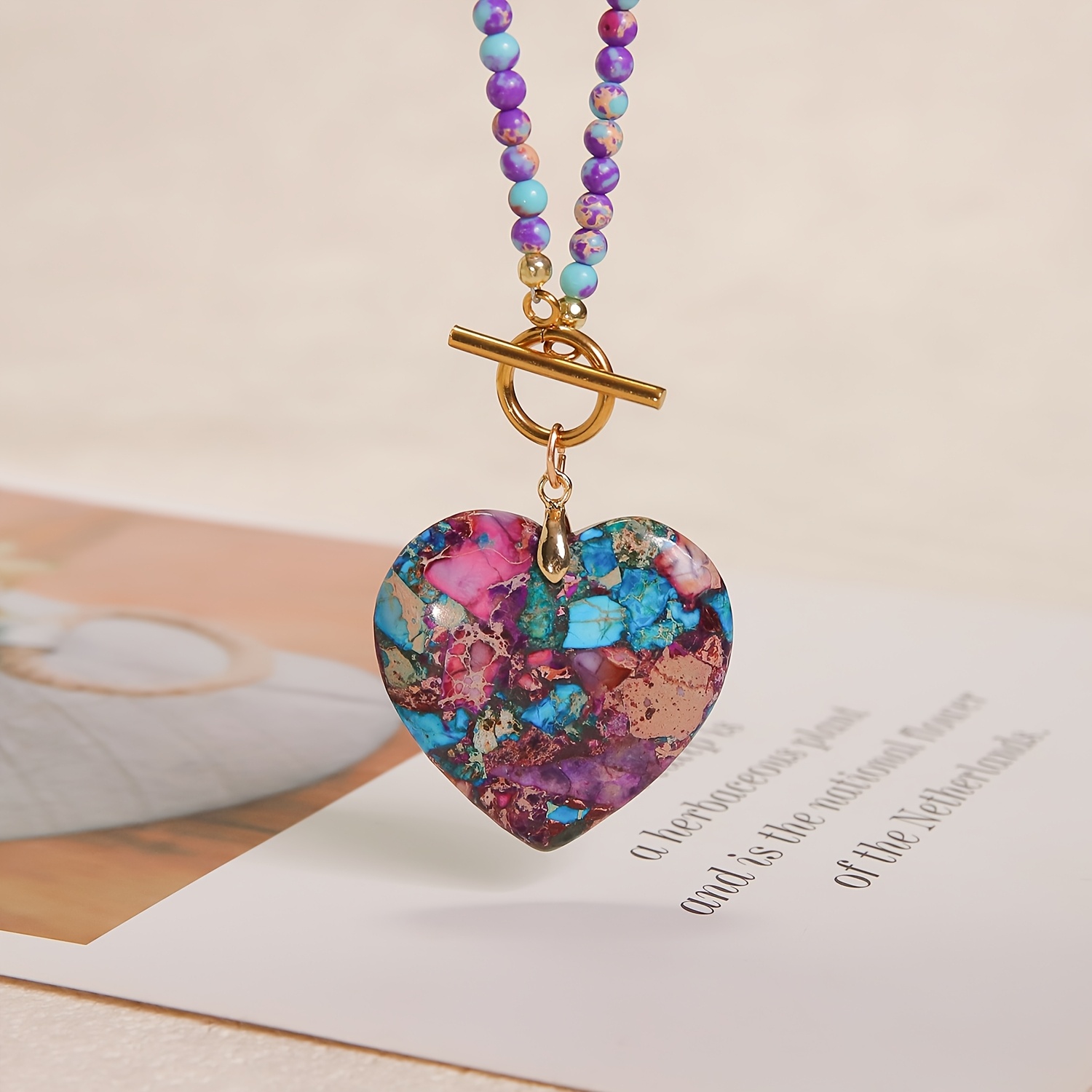 TEMU 1pc Bohemian Purple Floral Stone 40mm Big Heart Pendant Necklace For Women | Purple Natural Texture With Golden Ot Clasp | Vintage Style |
