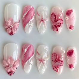 10pcs almond shaped french tip press nails suitable for weddings dates parties 3d carving gradient flower with powder pollen white blending pre made nail tips with jelly rubbing strips for instant wear