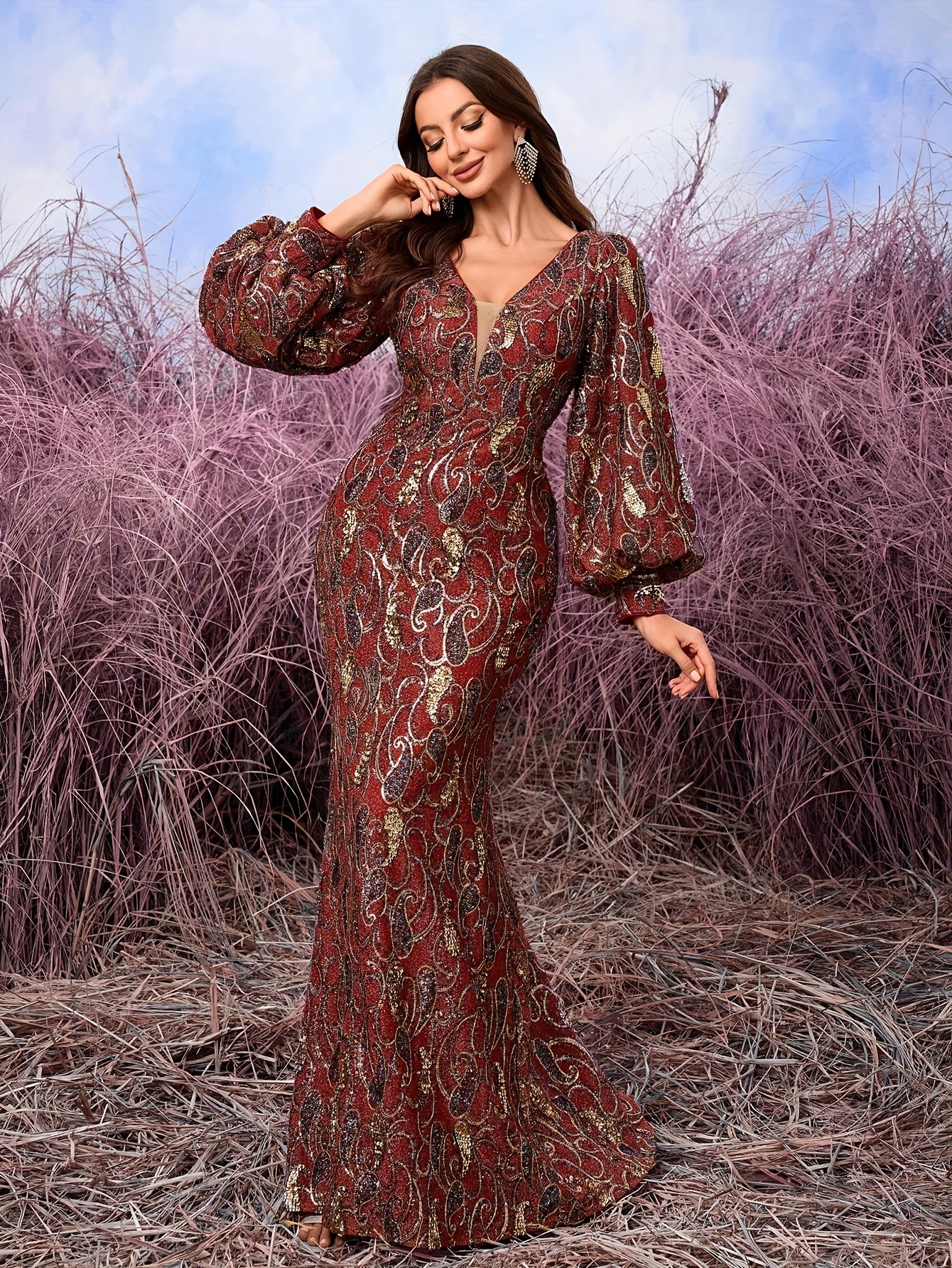 knee length dresses for ladies One Shoulder Sequins Wedding Guest Dresses, Burgundy