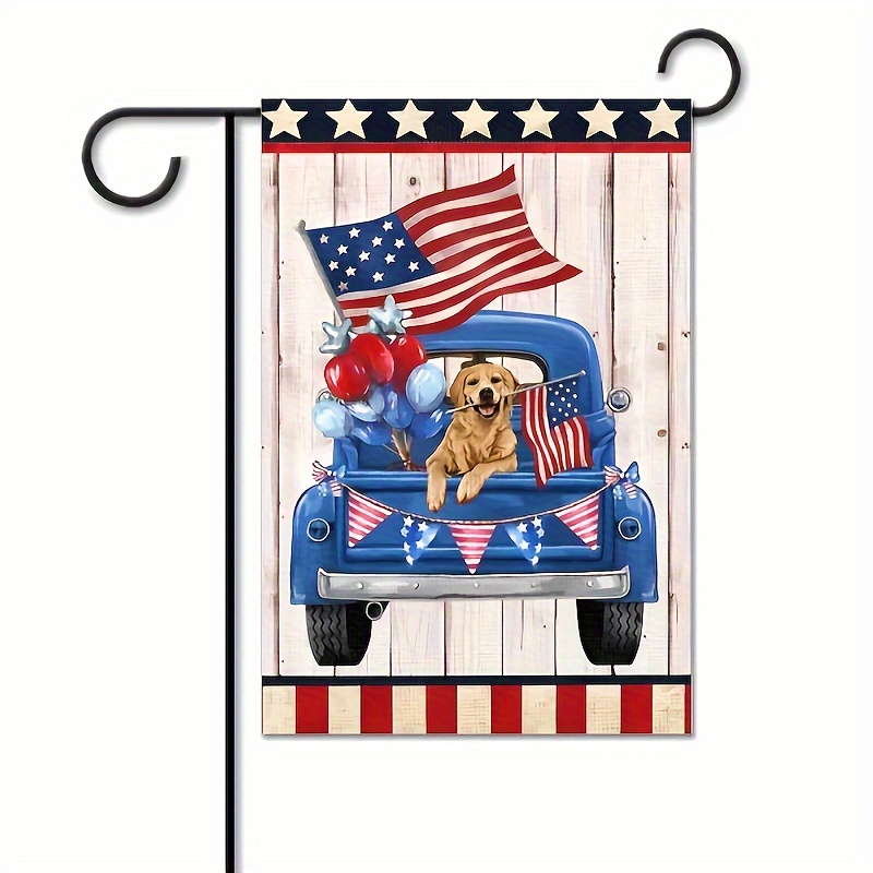 

1pc, Patriotic Garden Flag (12"x18"), American Flag Truck & Golden Retriever Design, Double-sided, Waterproof Polyester, Independence Day Outdoor Decor, Welcome Yard Banner, No Flagpole Included