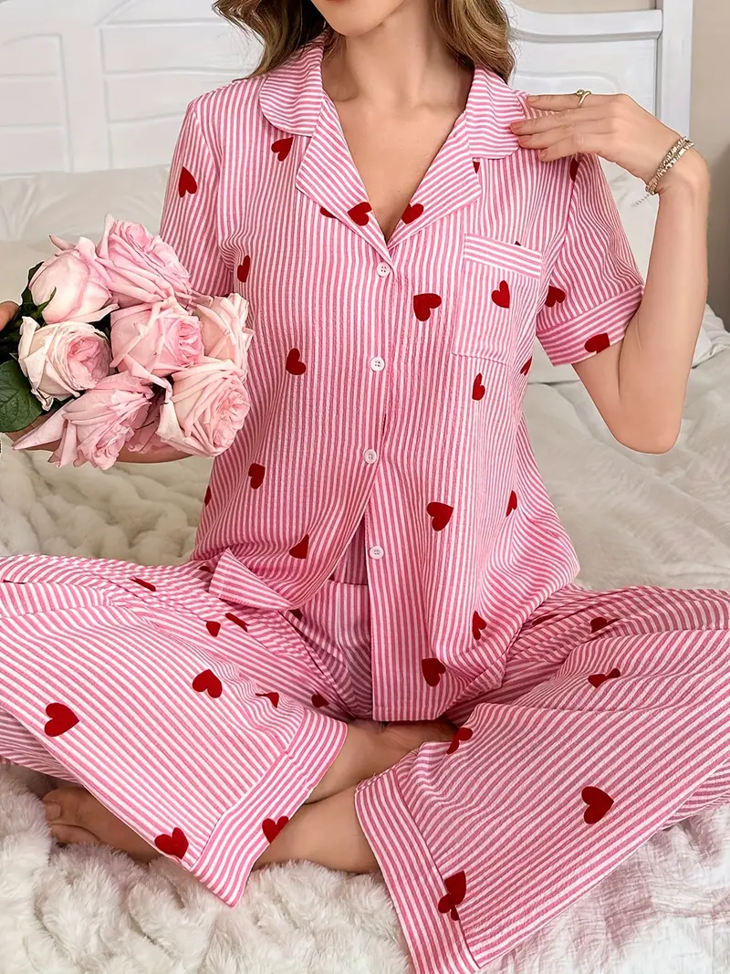 heart shaped printed pajama set short sleeved button shirt and stretch trousers polyester pajama set machine washable Product details 1