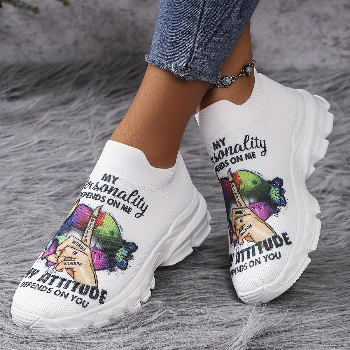 

Women's Trendy Printed Platform Sneakers, Breathable Flying Woven Outdoor Shoes, Comfortable Low Top Sport Shoes