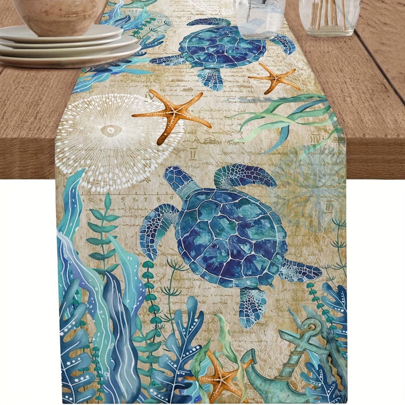 

Ocean-themed Polyester Table Runner, Woven Rectangular Sea Turtle Design For Beach Party, Vacation, And Home Decor