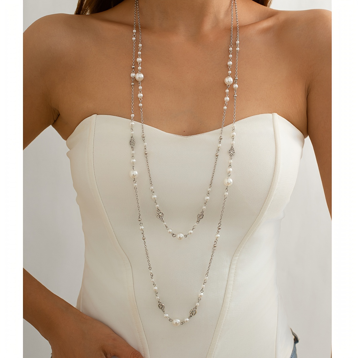 

Elegant Double-layer Long Necklace With Pearls - & Party Wear, Chic Accessory, Charm Necklace, Pearls, Suitable