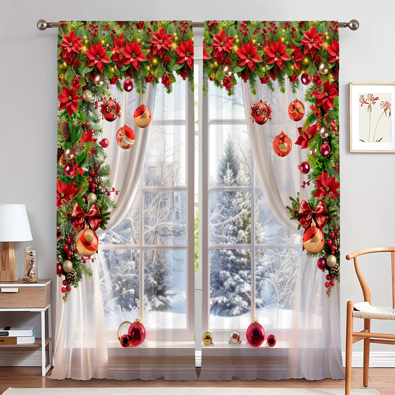 

[customer ] 2pcs Christmas Simulation Window Curtain Floral Christmas Ball 3d Digital Decorative Curtains, Rod Filtering Room Office Bedroom Home Decoration