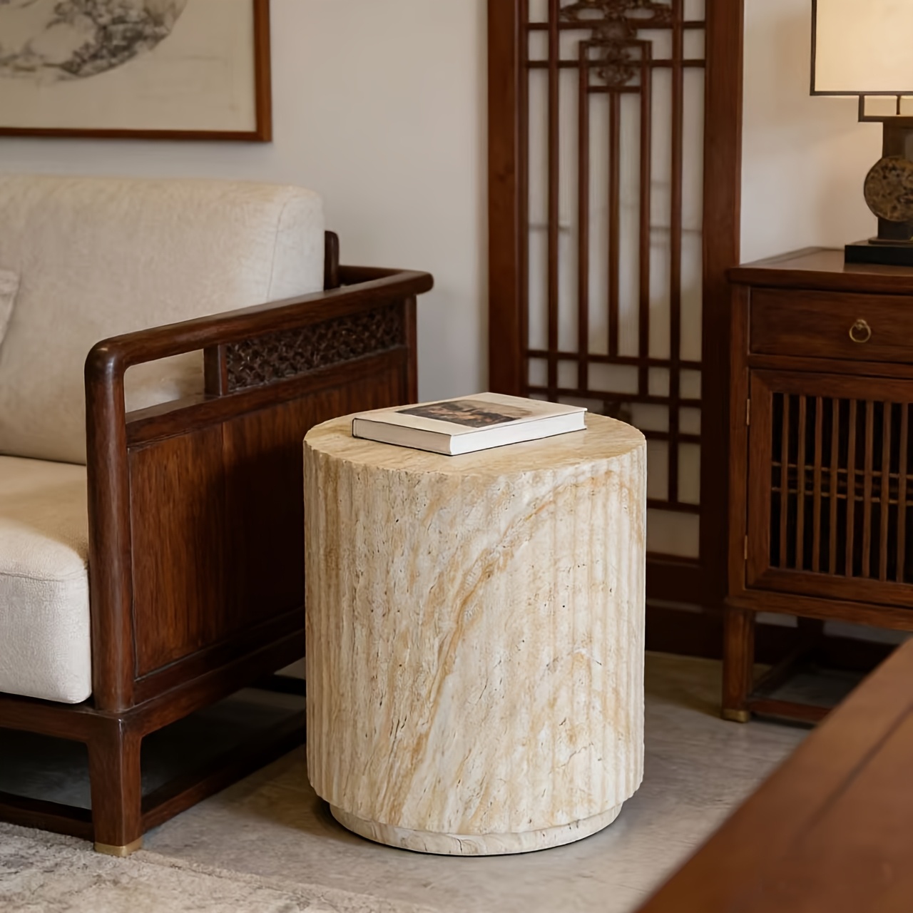 1pc Light Luxury Faux Cave Stone Side Table with a Cylindrical Vertical Stripe Design, Suitable for Living Room Sofa Side Or As a Small Bedside Table in The Bedroom
