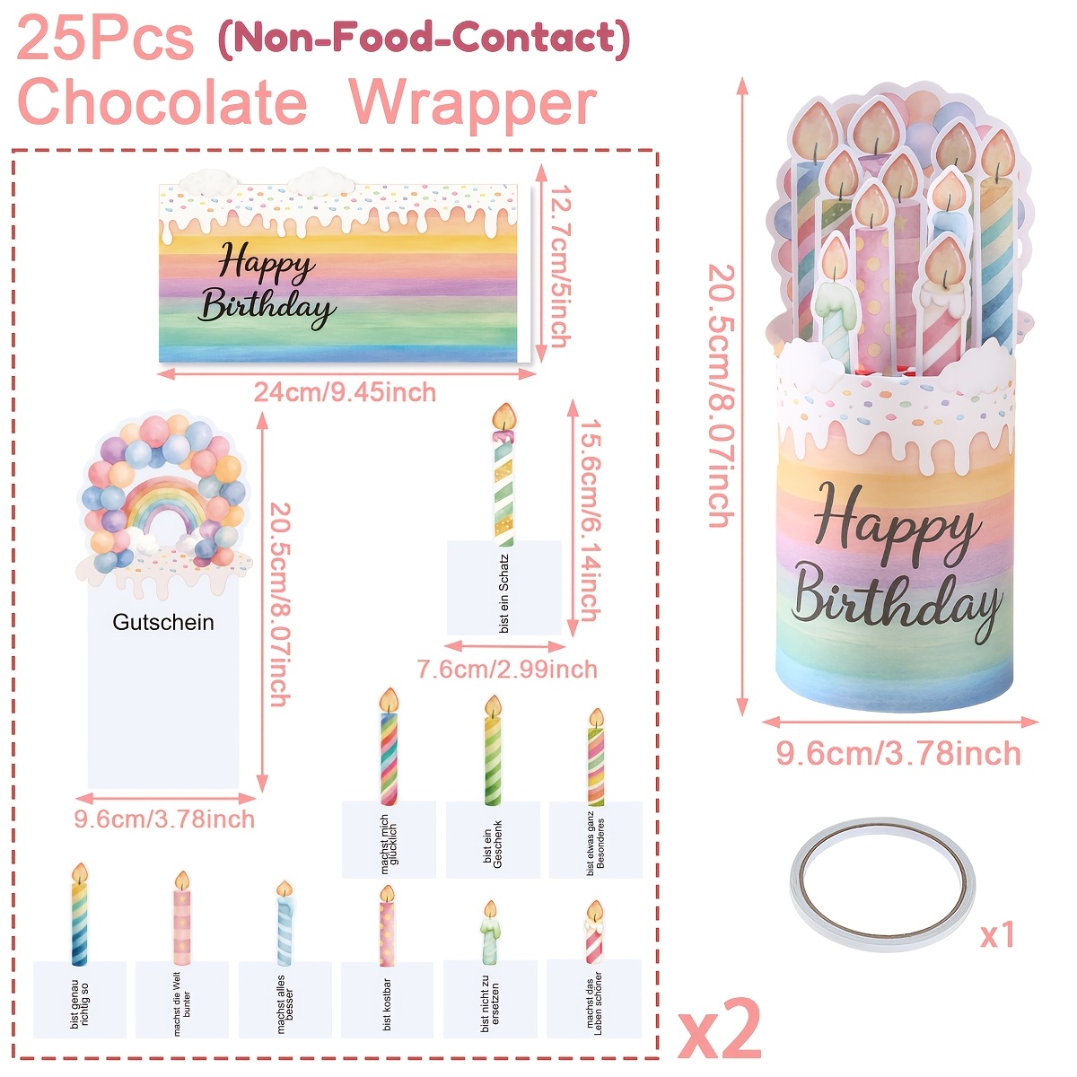 E-shop 2 Sets, Party-Packs, Geburtstags-Themen-Schokoladenverpackung, Bunte Geburtstagskuchen-Kerzenmuster-Schokoladendekorationen (mit Klebeband),