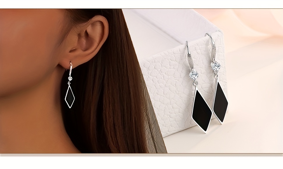 sterling silver s925 rhombus drop earrings with zirconia accents for women elegant dangle style fashionable   jewelry details 3