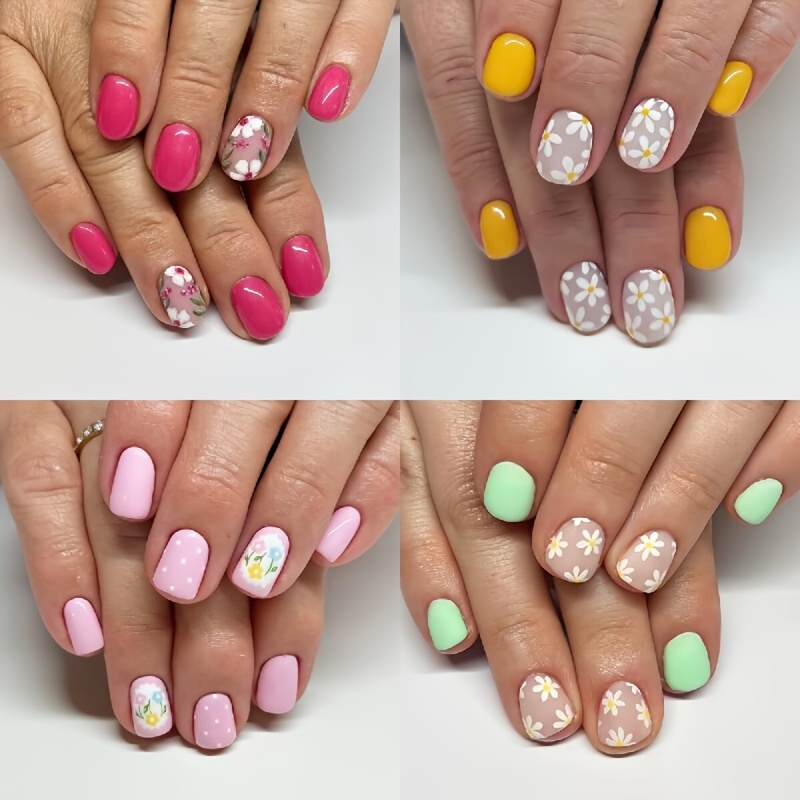 TEMU 96 uds. o 4 sets de uñas postizas cortas cuadradas estilo /verano, diseño floral colorido, uñas postizas