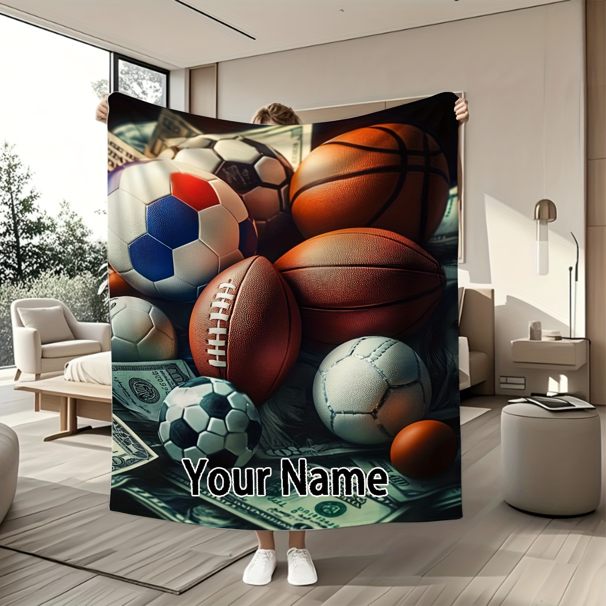 TEMU 1pc Customizable Plush Toy & Blanket Set - Personalized Name, Vibrant Sports Equipment Design (balls, Soccer, Basketball) - Soft Polyester