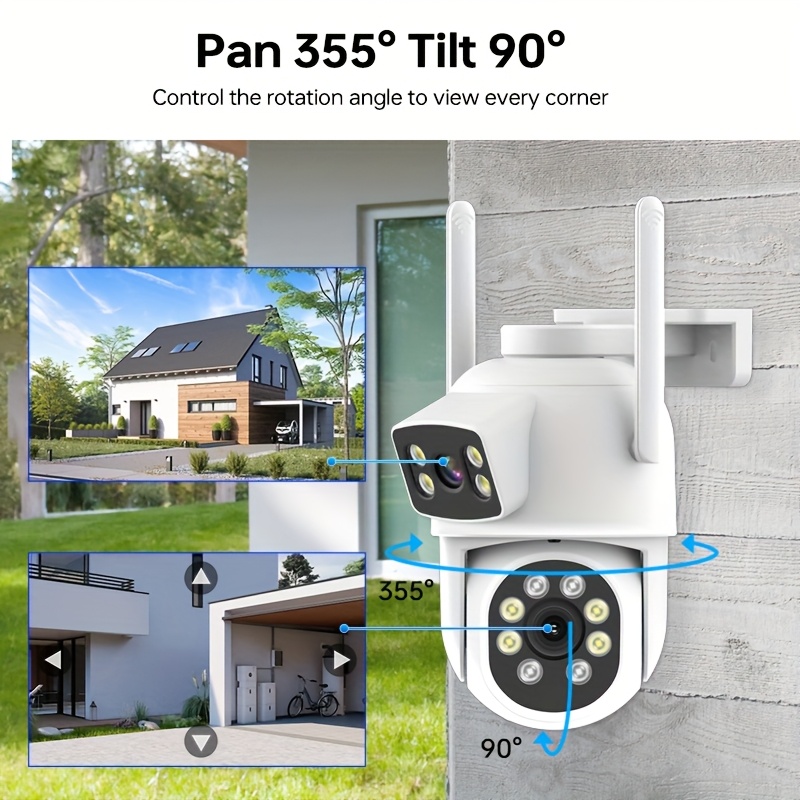ZHXINSD Камера за външна охрана с двойна леща и 1920P 2.4G/5GHz WiFi, 355° панорамен изглед, детекция на движение, двупосочно аудио, цветно нощно виждане, автоматично проследяване, облачно съхранение (изисква плащане), домашна сигурност, модерно наблюдение, домашно наблюдение