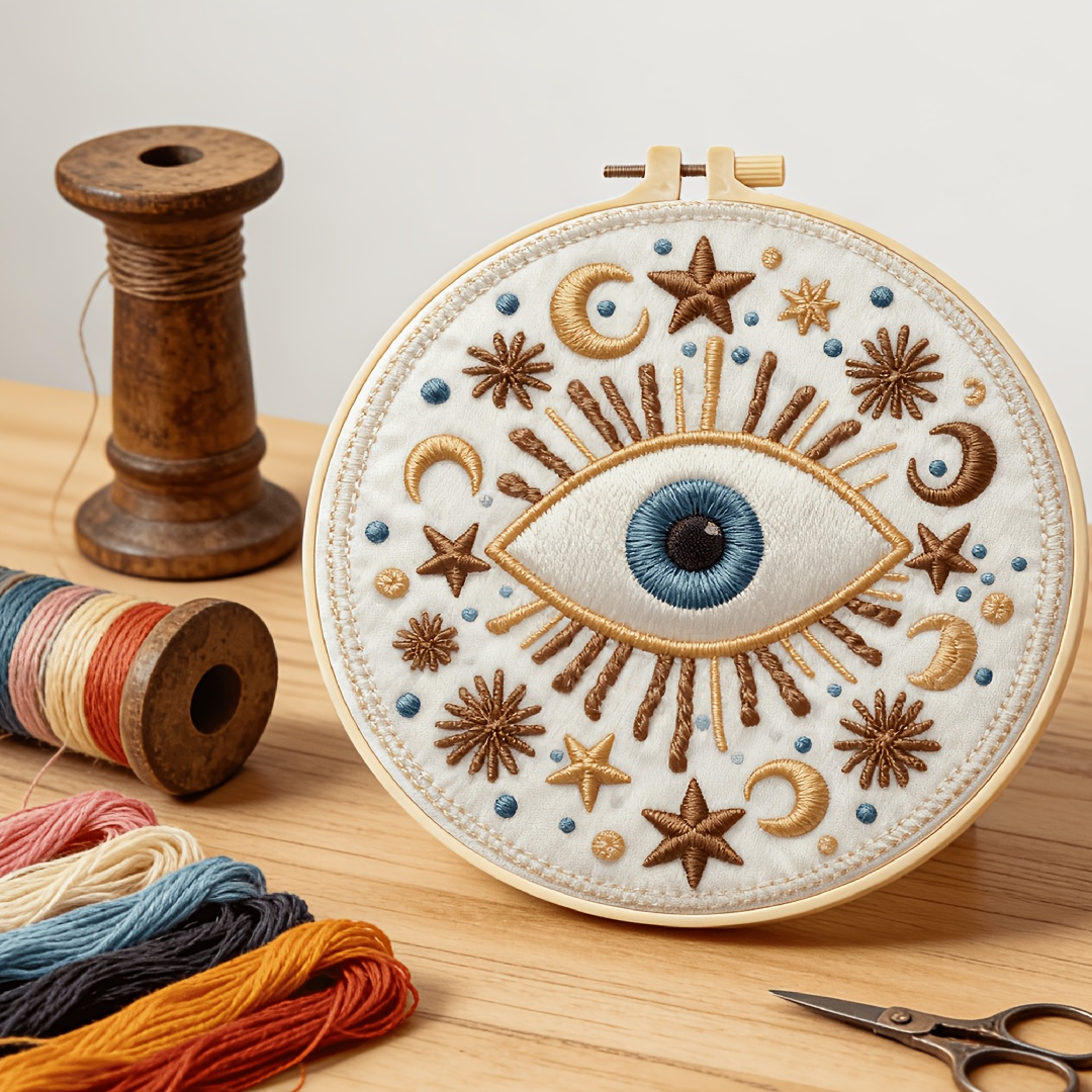 TEMU Complete Adult Beginner Embroidery Starter Kit With Eye & Stars Moon Patterns - -in- Hand Embroidery Set Suitable For Crafting, 20x20cm Hoop &