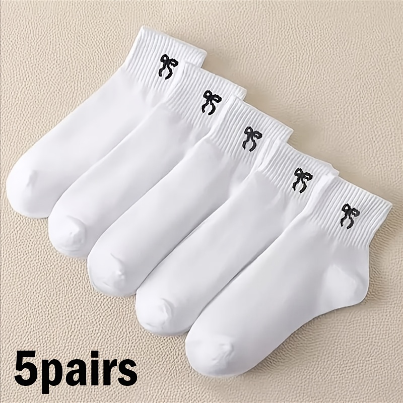 TEMU 5 Pairs Black & White/ Random Style Women's Minimalist Bow Short Socksstylish Versatile Casual Sports Socks, Soft & Comfortable, Suitable For