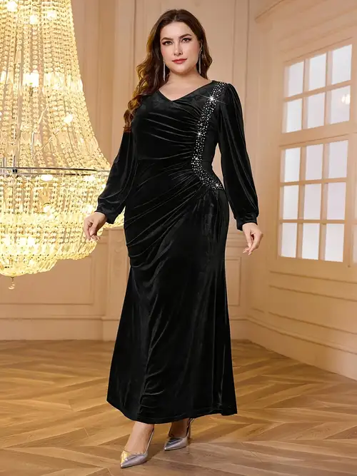 black wedding guest dress plus size Qulqfy Dresses for Women Fall Maxi 3/4 Sleeve V Neck Empire Waist A Line Flowy Dresses for Women 3XL black tie events and formal occasions. Plus Size Black Wedding Guest
