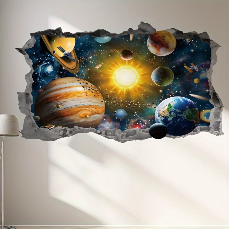 

Traditional Space-themed 3d Broken Wall Galaxy Wall Stickers, Pvc Self-adhesive Removable Cosmic Planets And Stars Wall Decals For Living Room Entrance Bedroom Decor